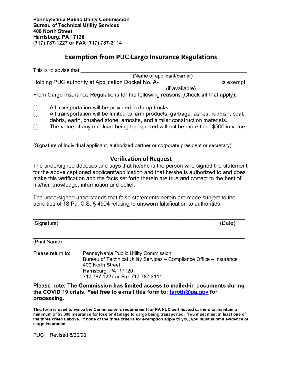 Exemption From Puc Cargo Insurance Regulations - Pennsylvania, Page 1