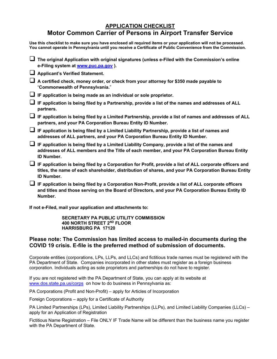 Application for Motor Common Carrier of Persons in Airport Transfer Service - Pennsylvania, Page 1