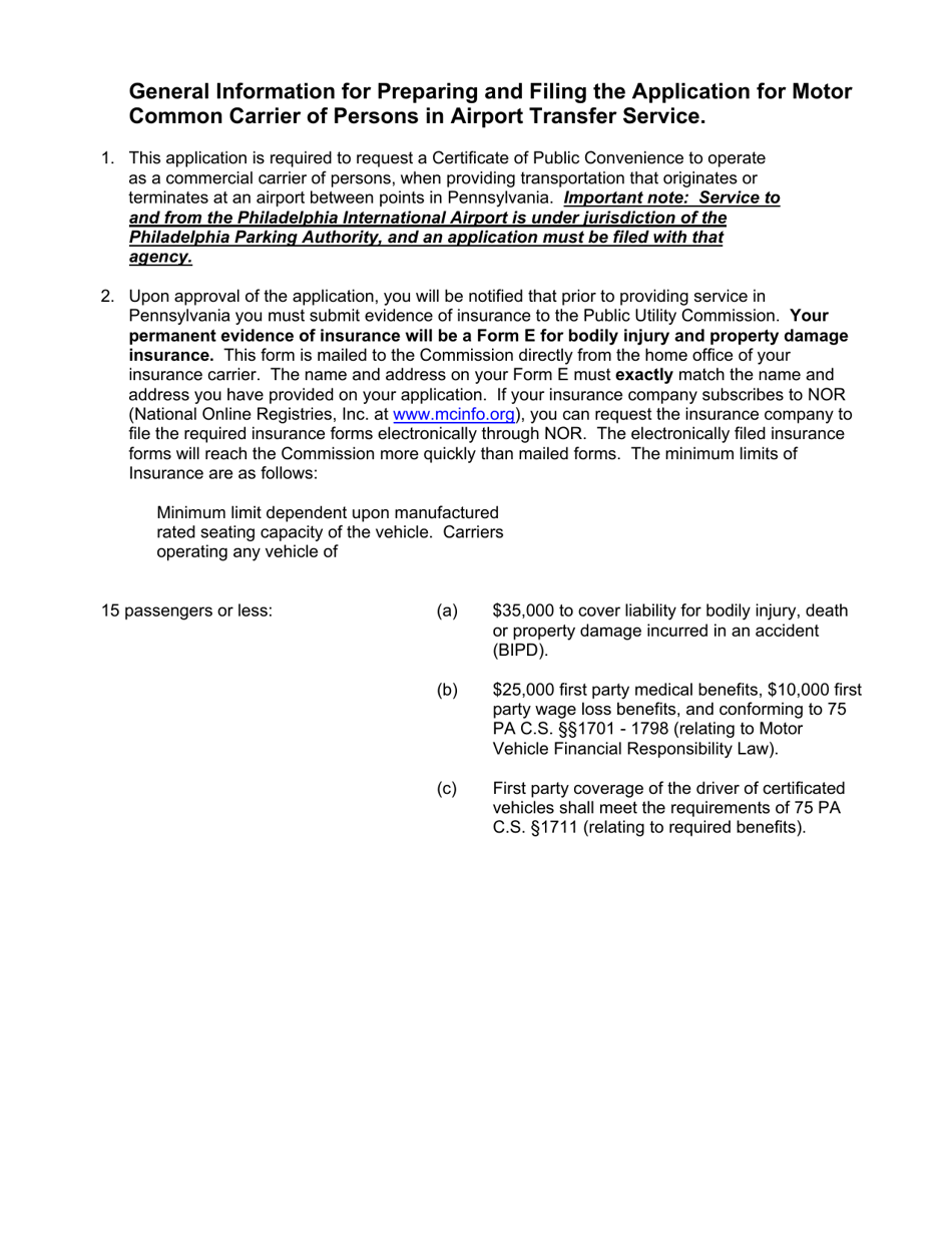 Application for Motor Common Carrier of Persons in Airport Transfer Service - Pennsylvania, Page 2
