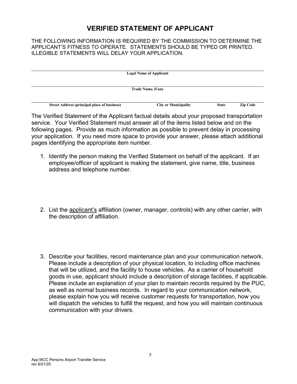 Application for Motor Common Carrier of Persons in Airport Transfer Service - Pennsylvania, Page 7