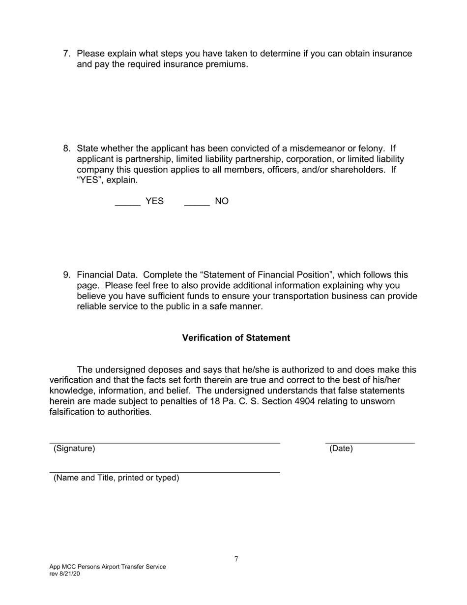 Application for Motor Common Carrier of Persons in Airport Transfer Service - Pennsylvania, Page 9