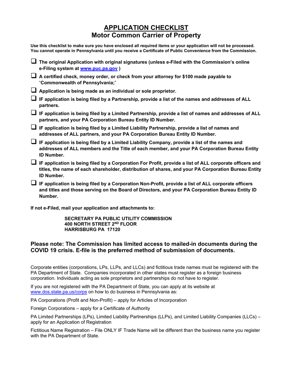 Application for Motor Common Carrier of Property - Pennsylvania, Page 1