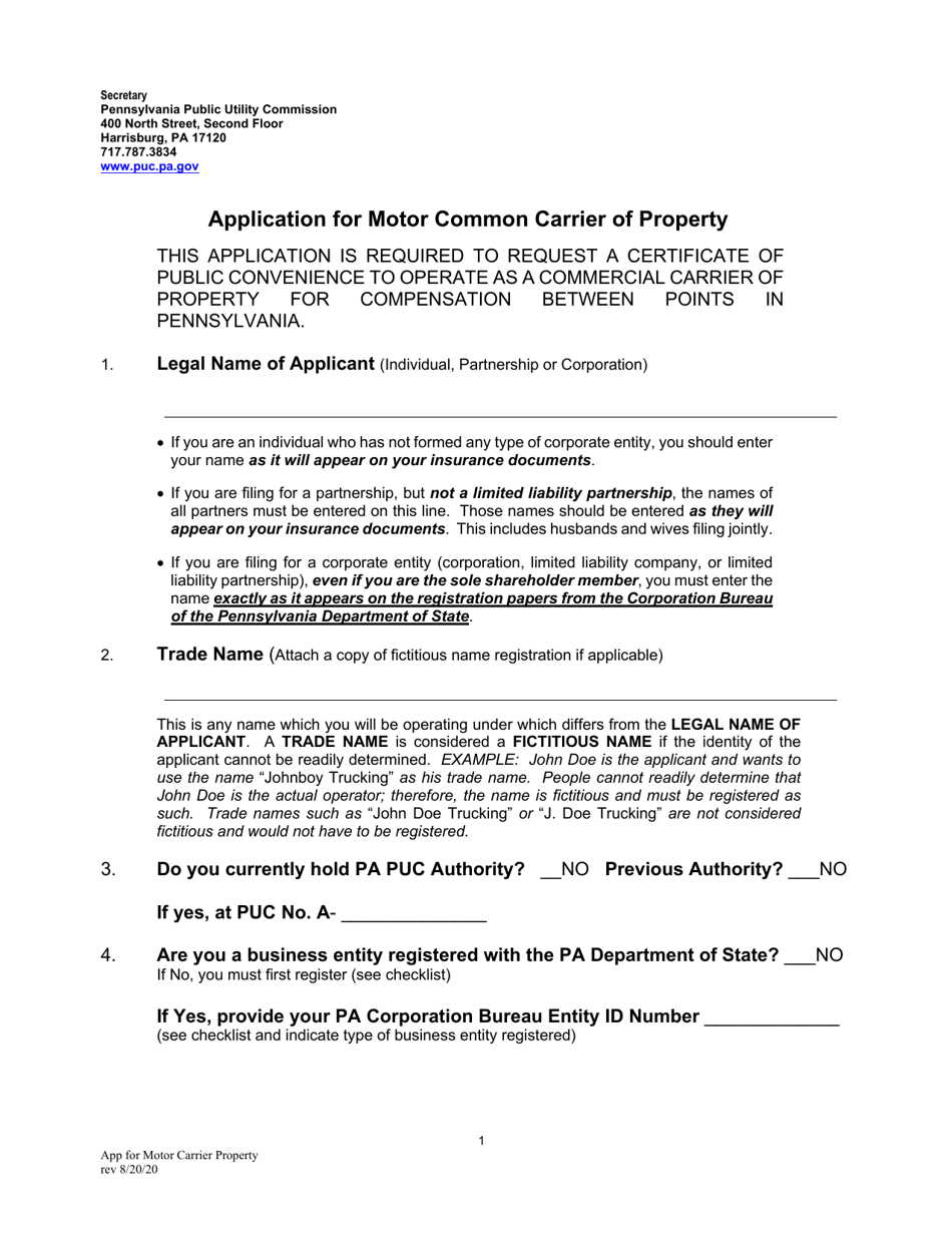 Application for Motor Common Carrier of Property - Pennsylvania, Page 3