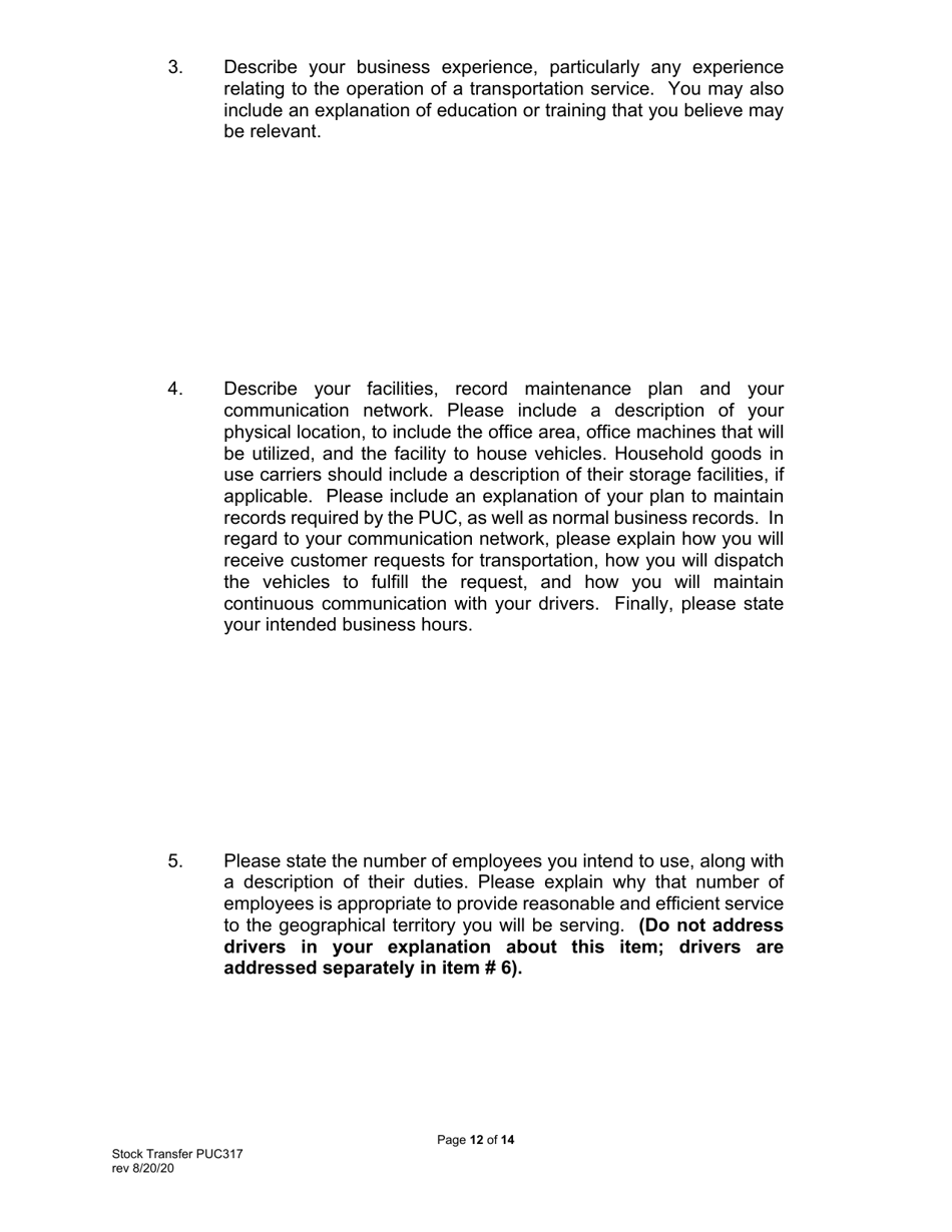Form PUC317 Application for Approval of Transfer of Capital Stock Transportation Common Carrier - Pennsylvania, Page 13
