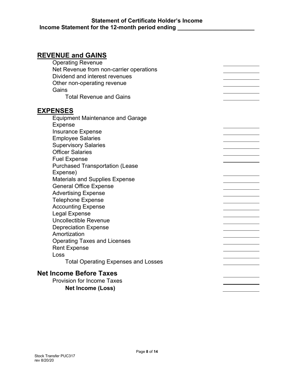 Form PUC317 Application for Approval of Transfer of Capital Stock Transportation Common Carrier - Pennsylvania, Page 9