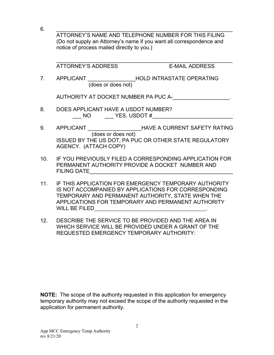 Emergency Temporary Authority Application - Pennsylvania, Page 4