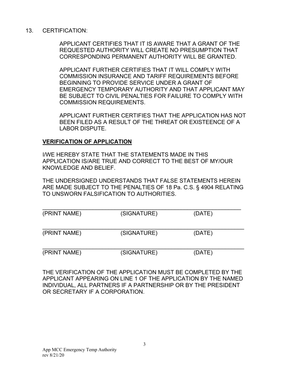 Emergency Temporary Authority Application - Pennsylvania, Page 5