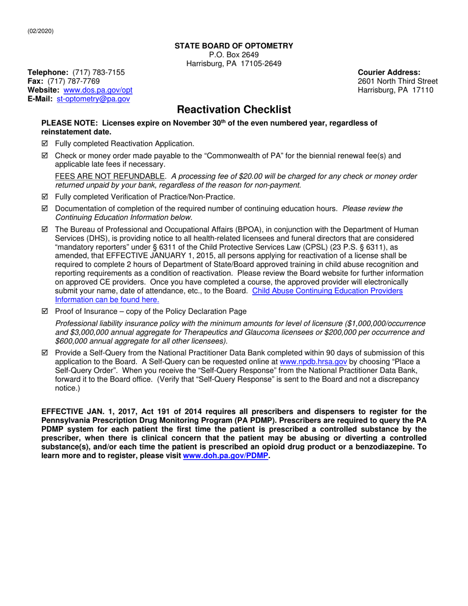Reactivation Application - Pennsylvania, Page 1