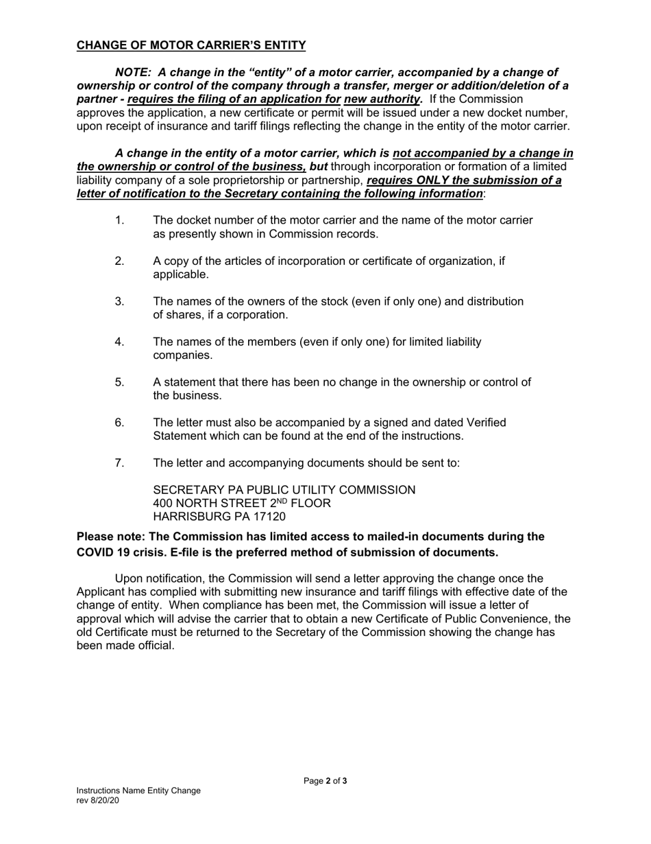 Instructions for Carriers Changes in Name or Entity - Pennsylvania, Page 2