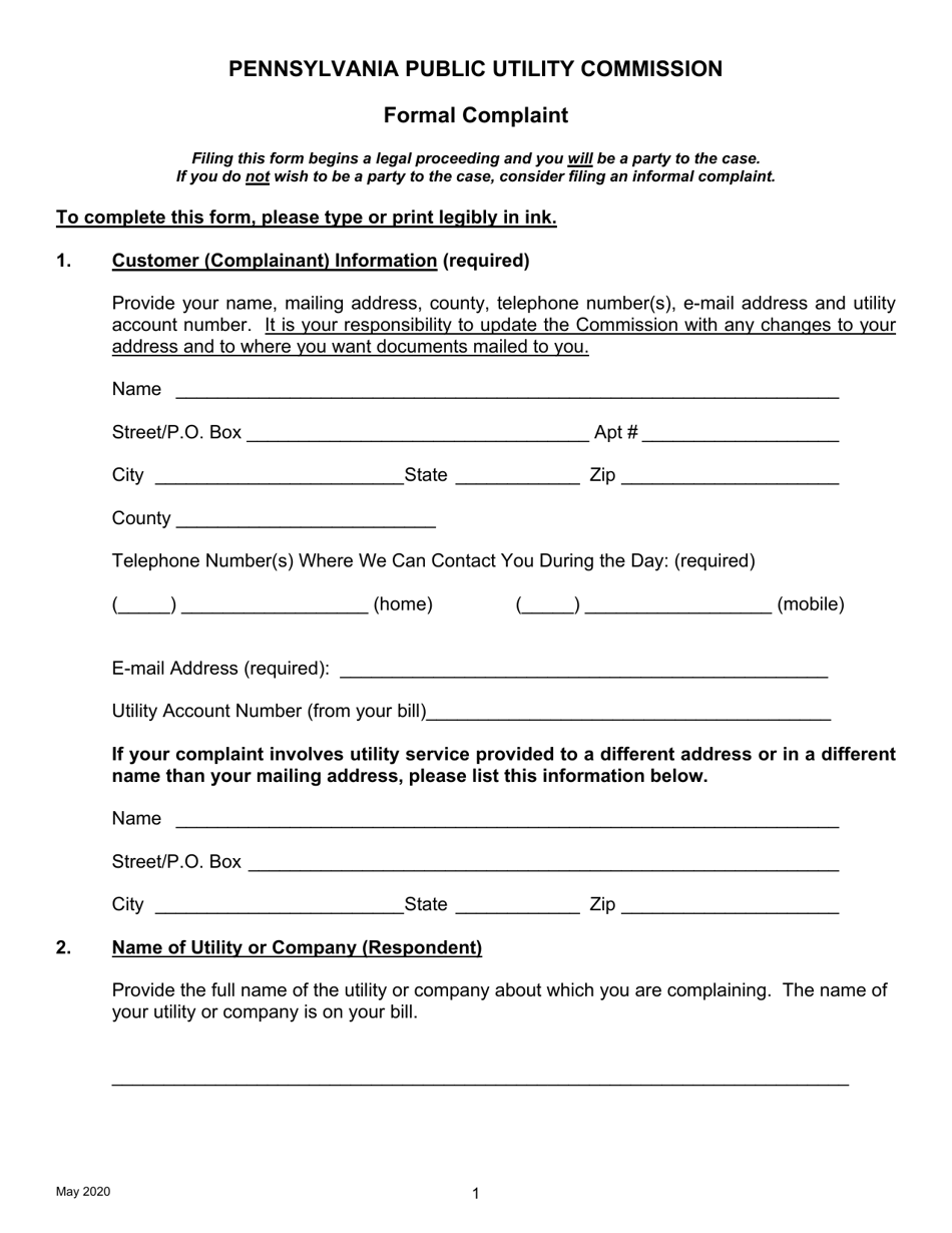 Pennsylvania Formal Complaint Download Printable PDF | Templateroller