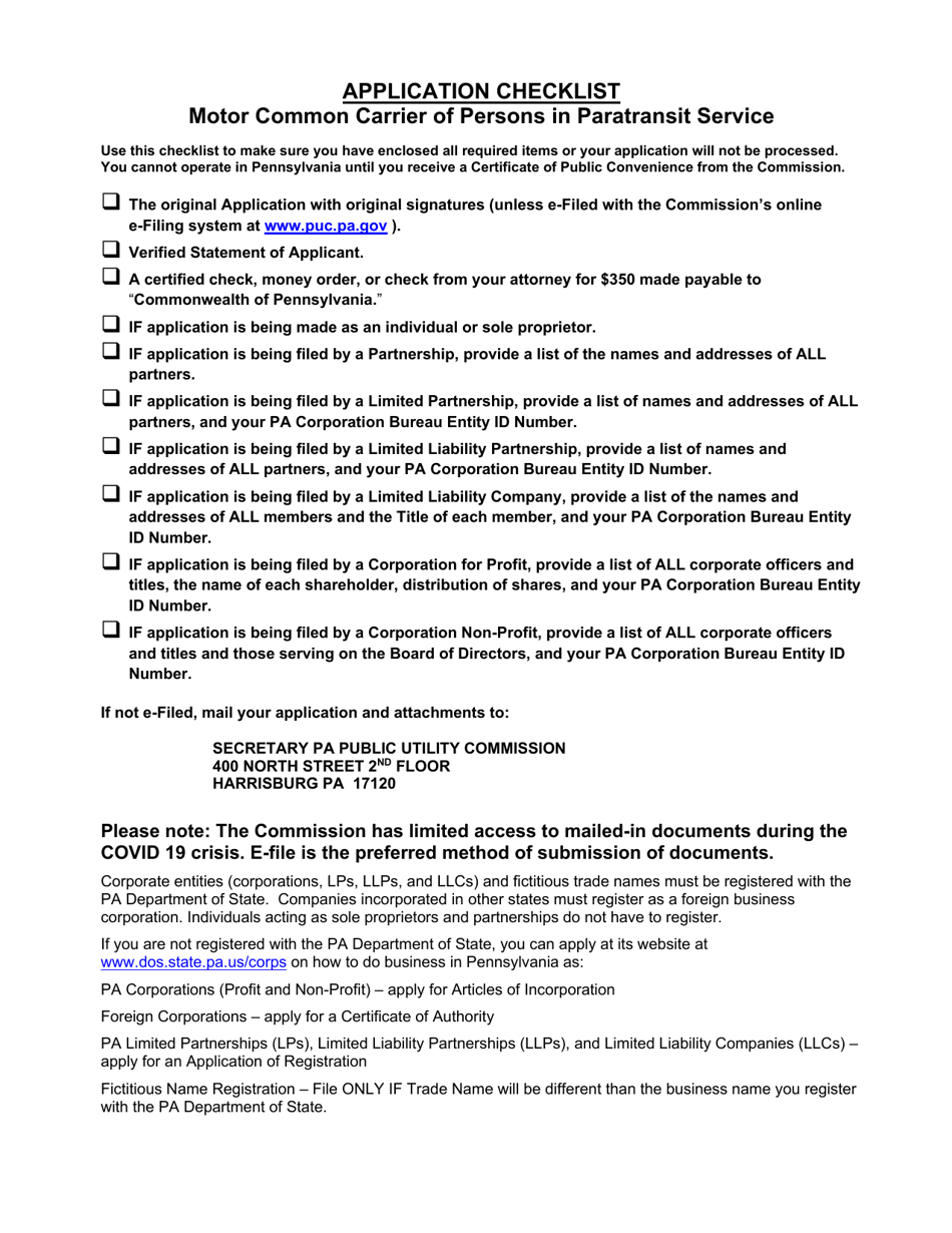 Application for Motor Common Carrier of Persons in Paratransit Service - Pennsylvania, Page 1