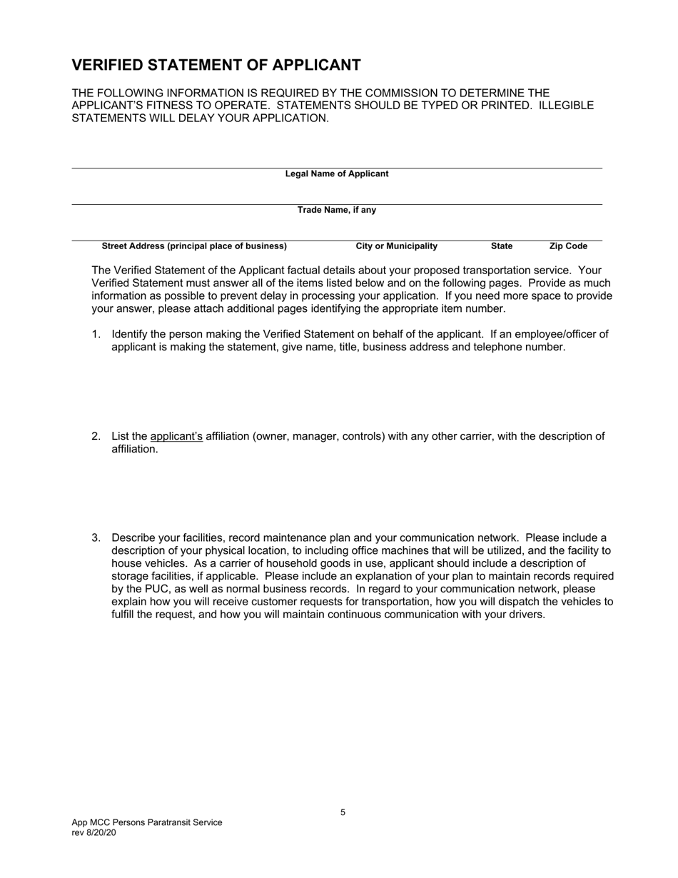 Application for Motor Common Carrier of Persons in Paratransit Service - Pennsylvania, Page 7