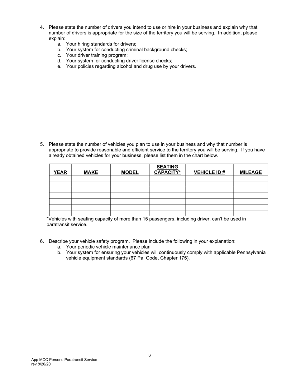 Application for Motor Common Carrier of Persons in Paratransit Service - Pennsylvania, Page 8