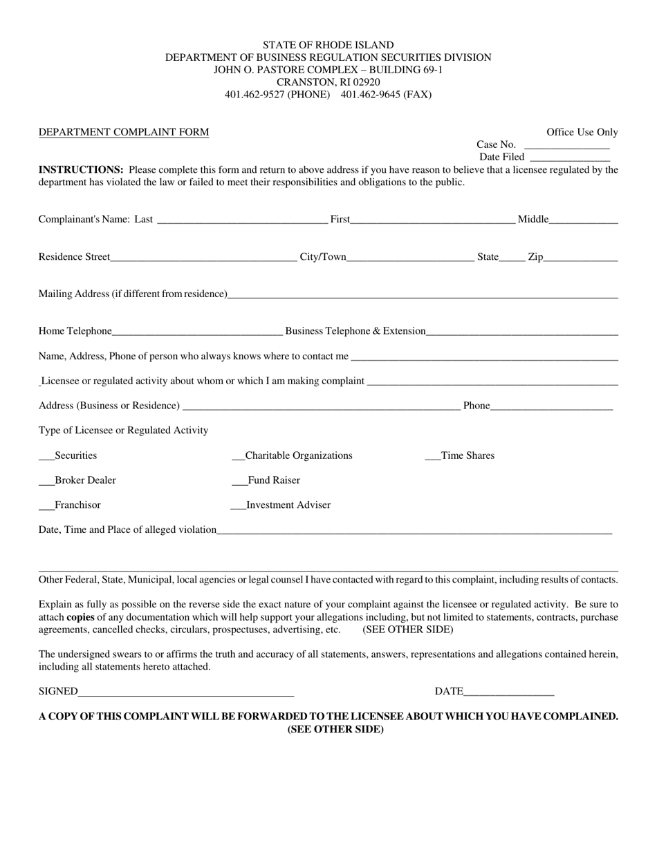 Department Complaint Form - Rhode Island, Page 1