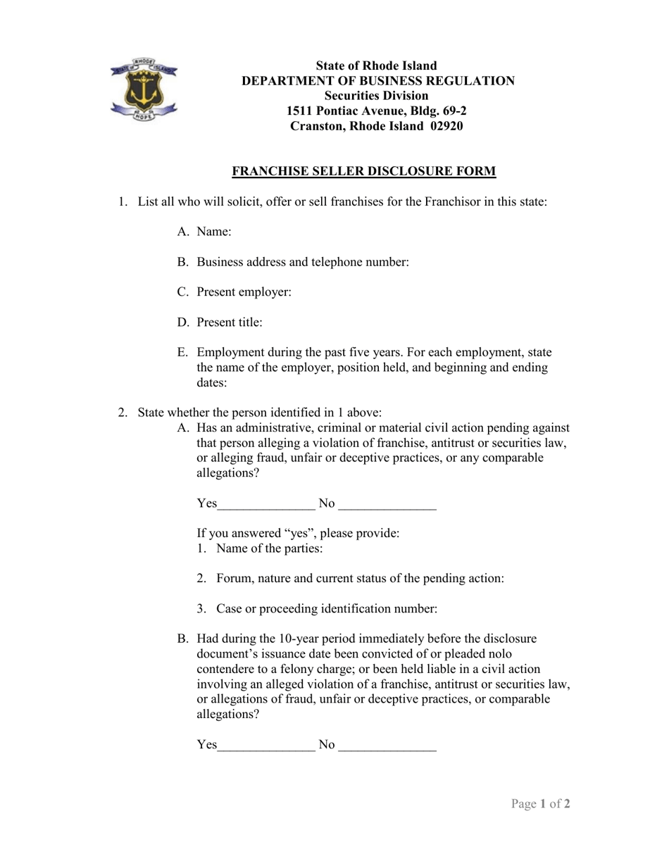 Rhode Island Franchise Seller Disclosure Form Download Fillable PDF