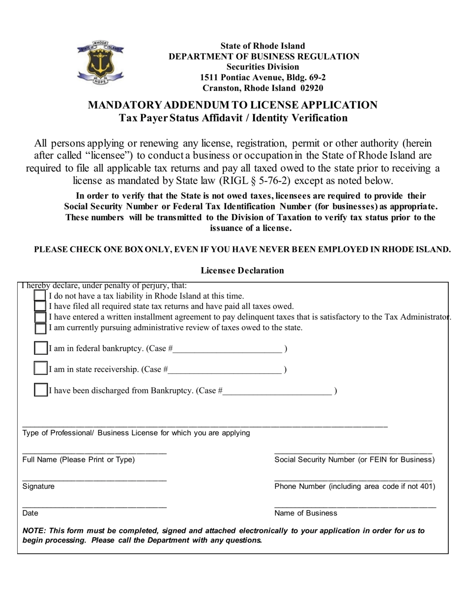 Rhode Island Mandatory Addendum to License Application Tax Payer Status Affidavit / Identity