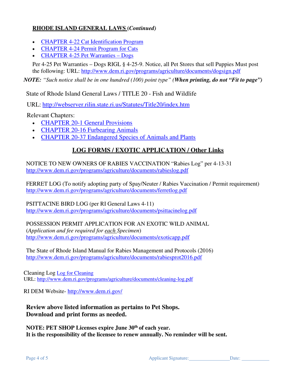 Application for a Pet Shop License - Rhode Island, Page 4
