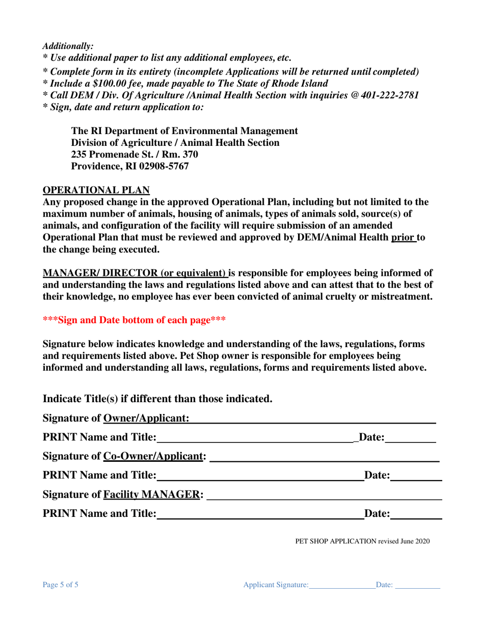 Application for a Pet Shop License - Rhode Island, Page 5