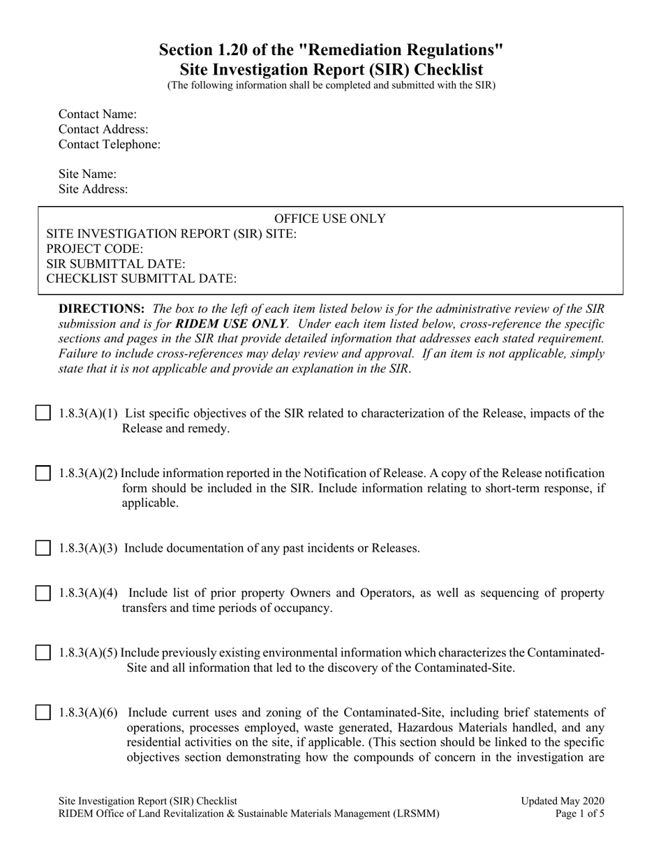 Site Investigation Report (Sir) Checklist - Rhode Island, Page 1