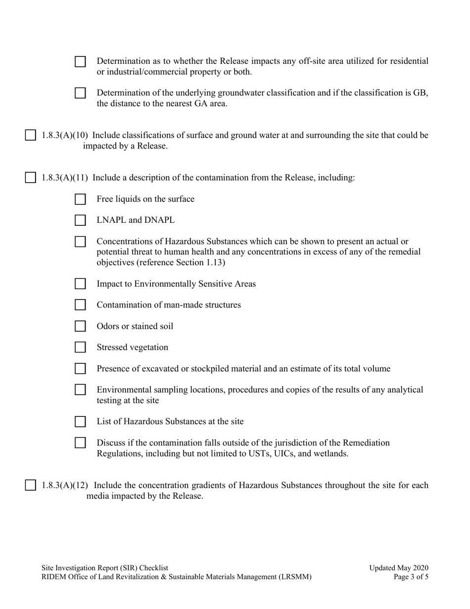 Site Investigation Report (Sir) Checklist - Rhode Island, Page 3