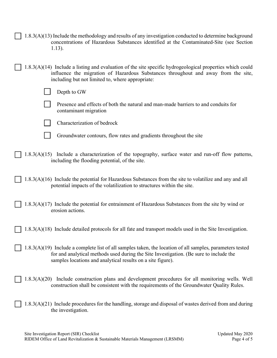 Site Investigation Report (Sir) Checklist - Rhode Island, Page 4