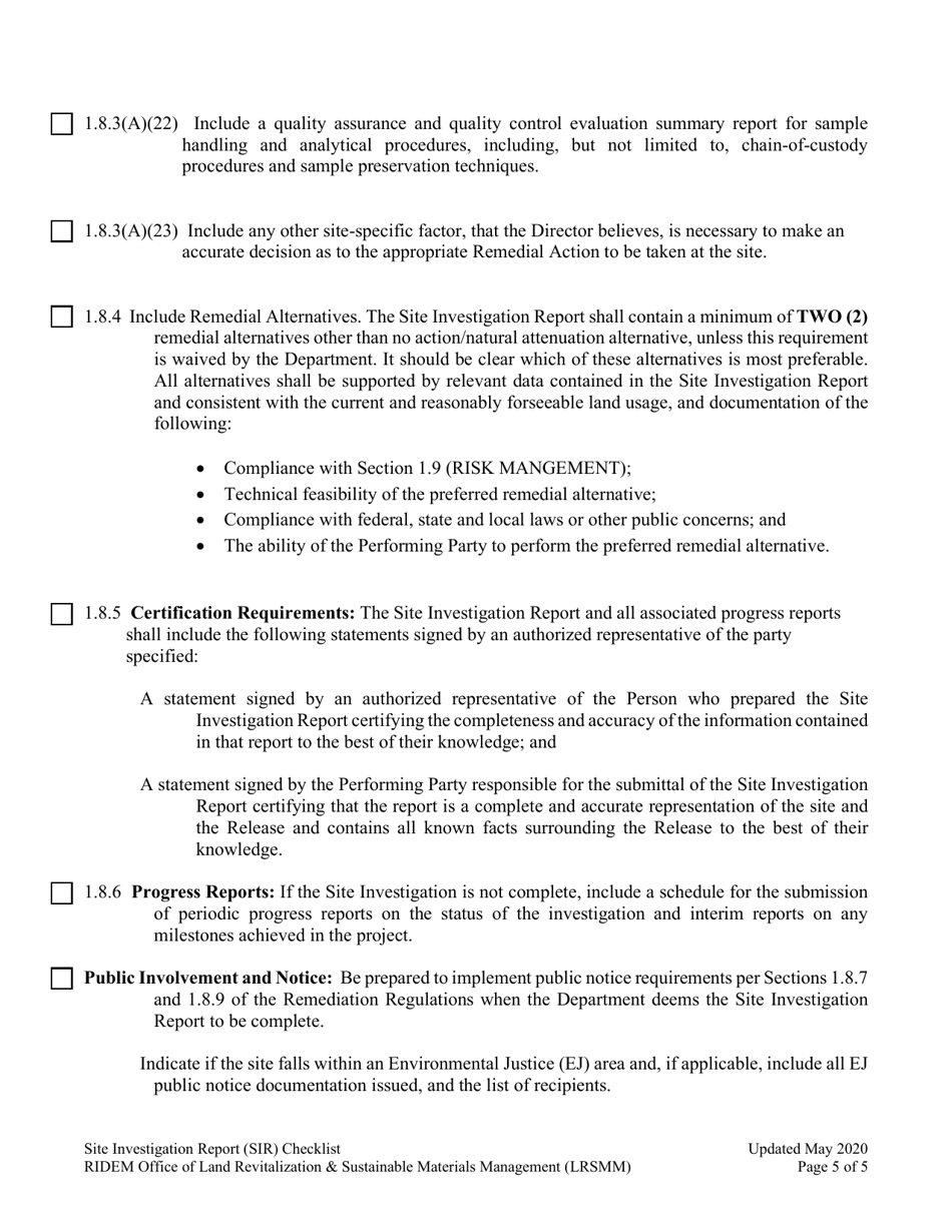 Site Investigation Report (Sir) Checklist - Rhode Island, Page 5