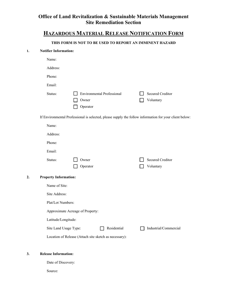 Hazardous Material Release Notification Form - Rhode Island, Page 1