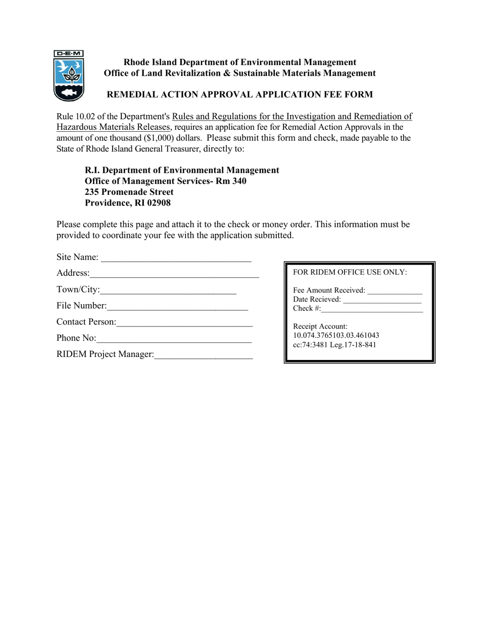 Remedial Action Approval Application Fee Form - Rhode Island, Page 1