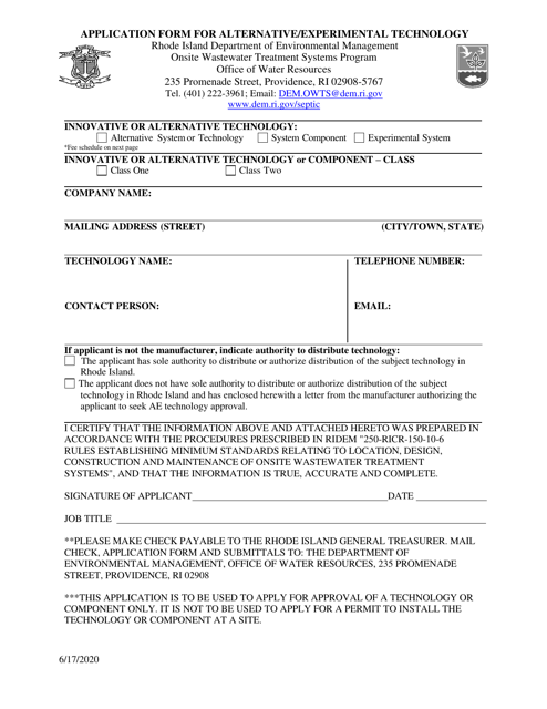 Application Form for Alternative / Experimental Technology - Rhode Island Download Pdf