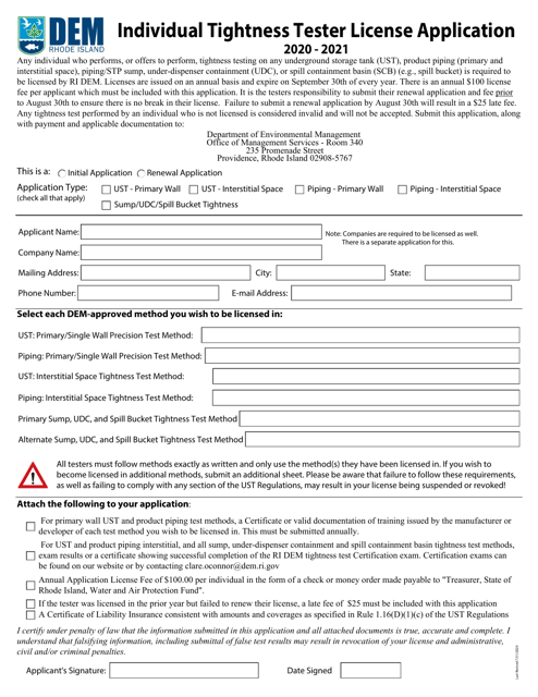 Individual Tightness Tester License Application - Rhode Island Download Pdf