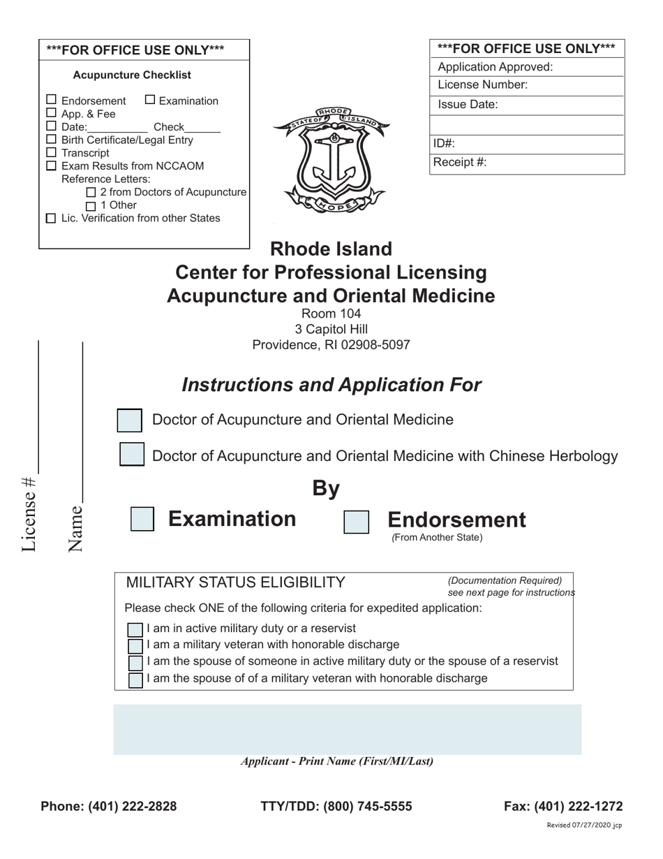 Application for Doctor of Acupuncture and Oriental Medicine / Doctor of Acupuncture and Oriental Medicine With Chinese Herbology - Rhode Island, Page 1