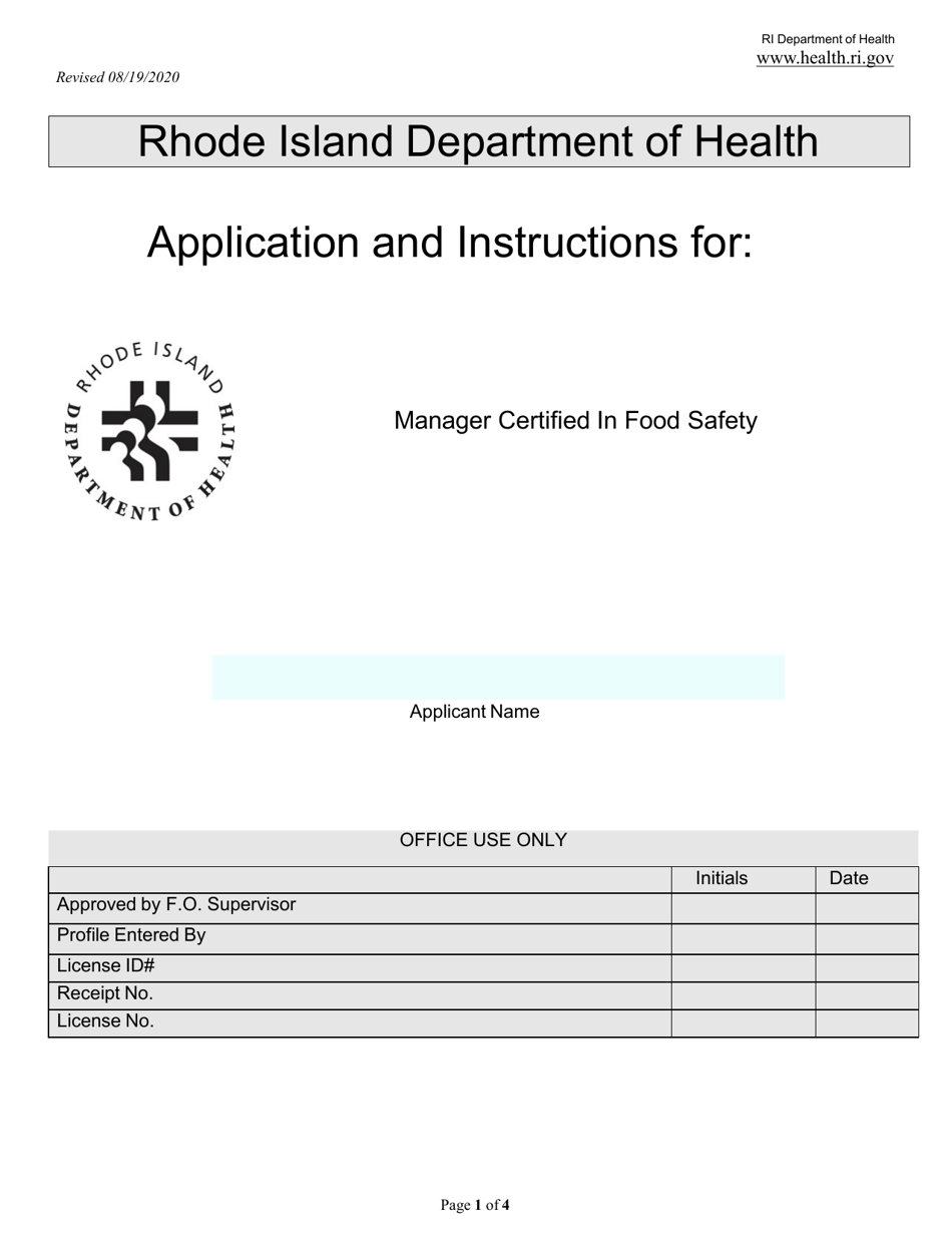 Application for Manager Certified in Food Safety - Rhode Island, Page 1