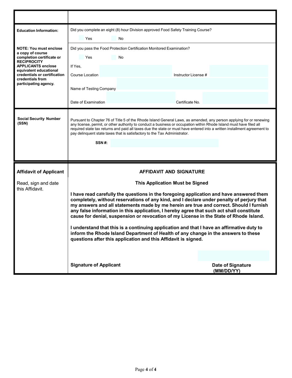 Application for Manager Certified in Food Safety - Rhode Island, Page 4
