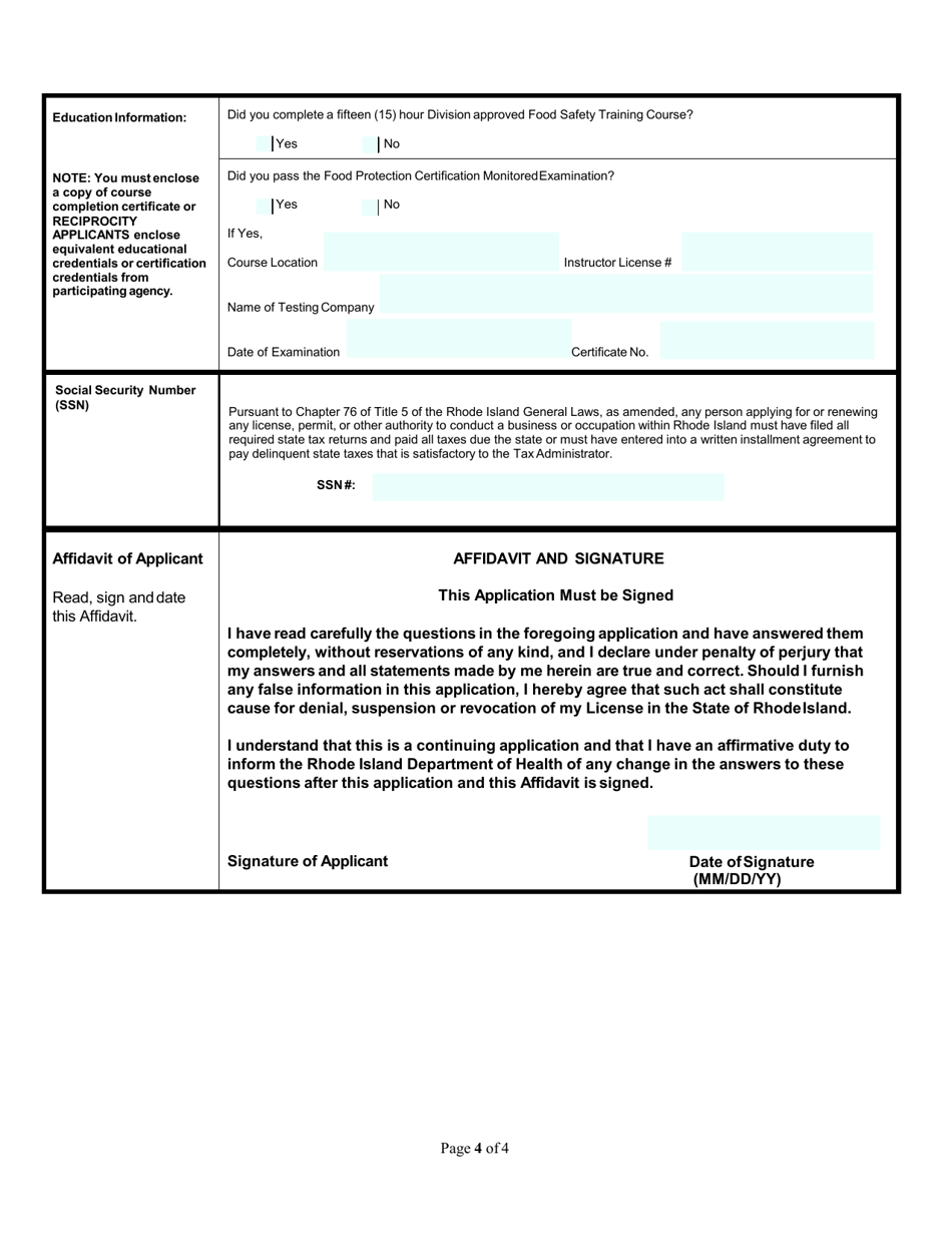 Application for Manager Certified in Food Safety (State / Municipal) - Rhode Island, Page 4