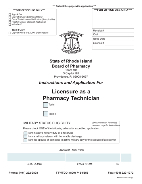Application for Licensure as a Pharmacy Technician - Rhode Island Download Pdf