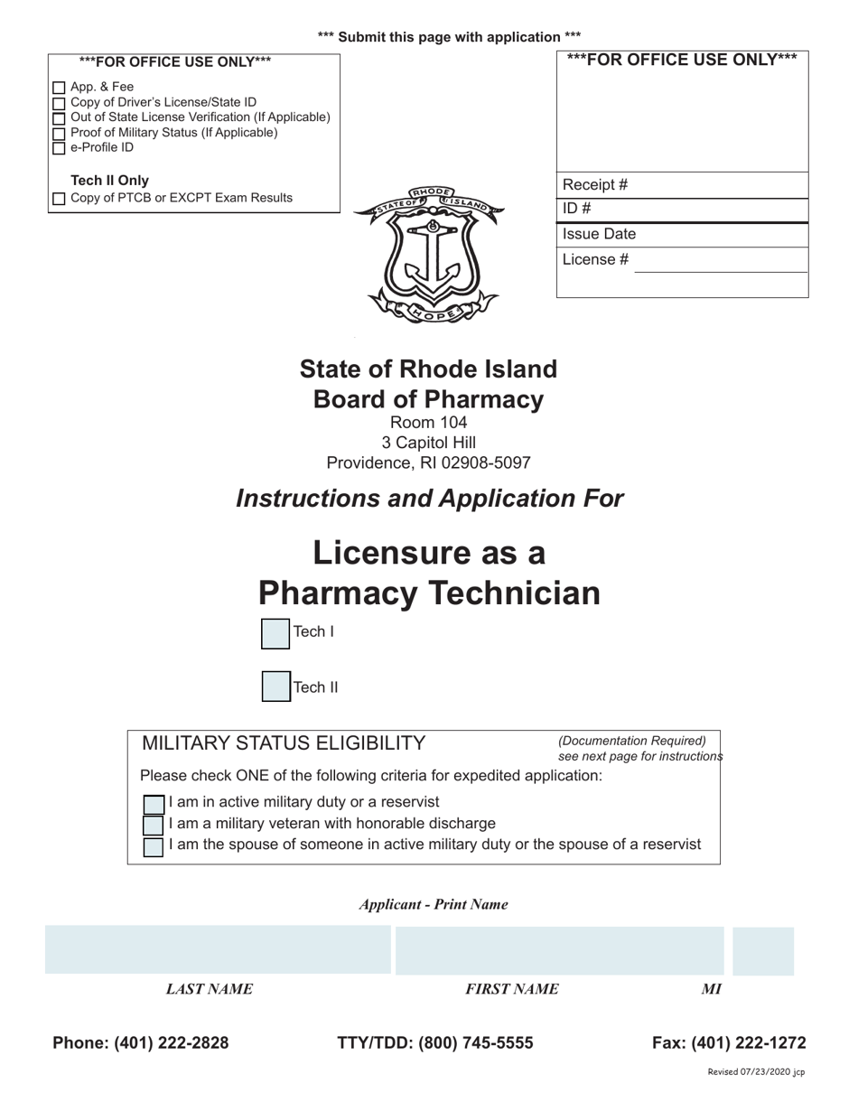 Application for Licensure as a Pharmacy Technician - Rhode Island, Page 1