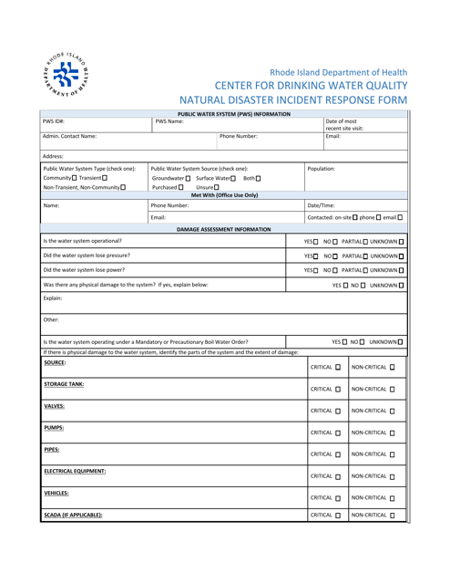 Center for Drinking Water Quality Natural Disaster Incident Response Form - Rhode Island Download Pdf