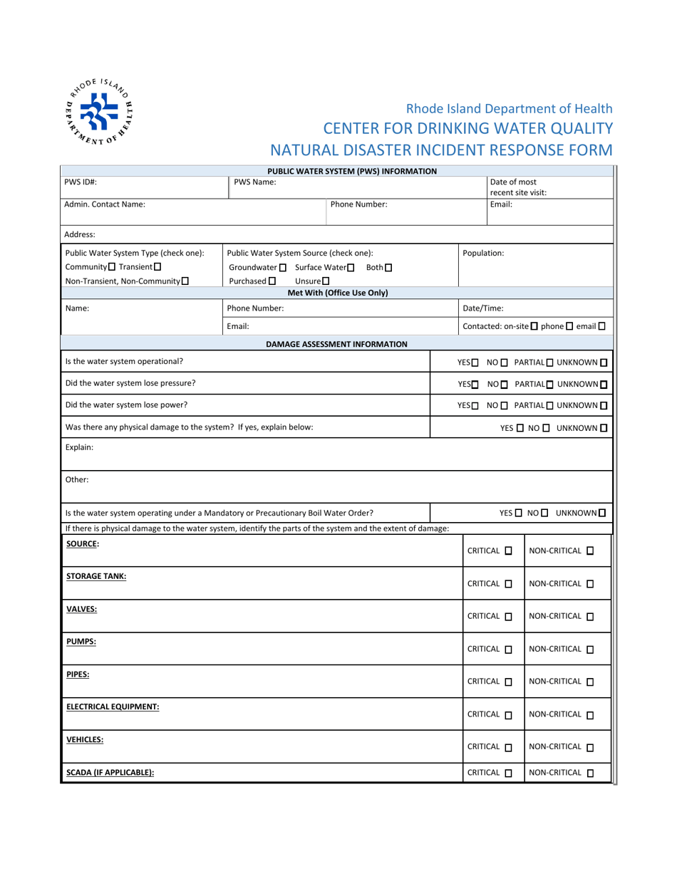 Center for Drinking Water Quality Natural Disaster Incident Response Form - Rhode Island, Page 1