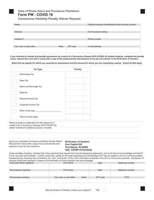 Form PW - COVID 19 Coronavirus Hardship Penalty Waiver Request - Rhode Island