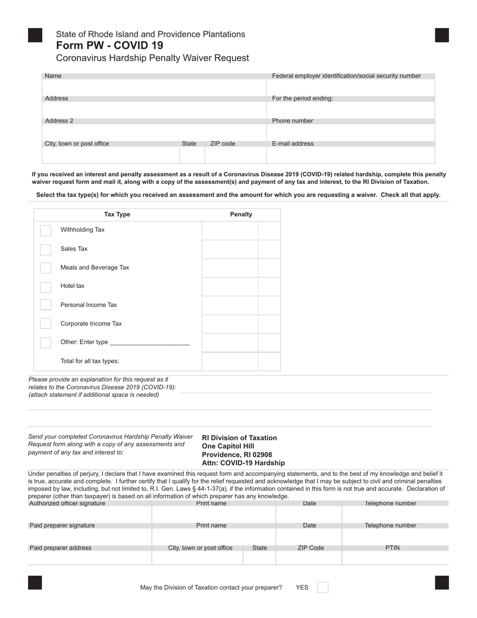 Form PW - COVID 19 Coronavirus Hardship Penalty Waiver Request - Rhode Island, Page 1