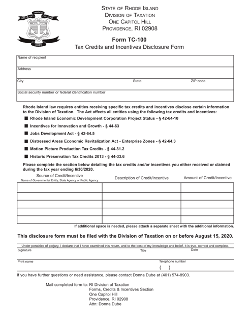 Form TC-100  Printable Pdf