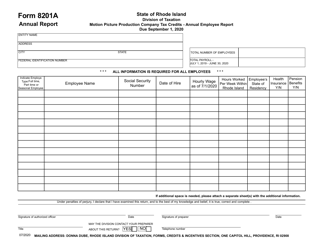 Form 8201A Motion Picture Production Tax Credits - Annual Employee Report - Rhode Island