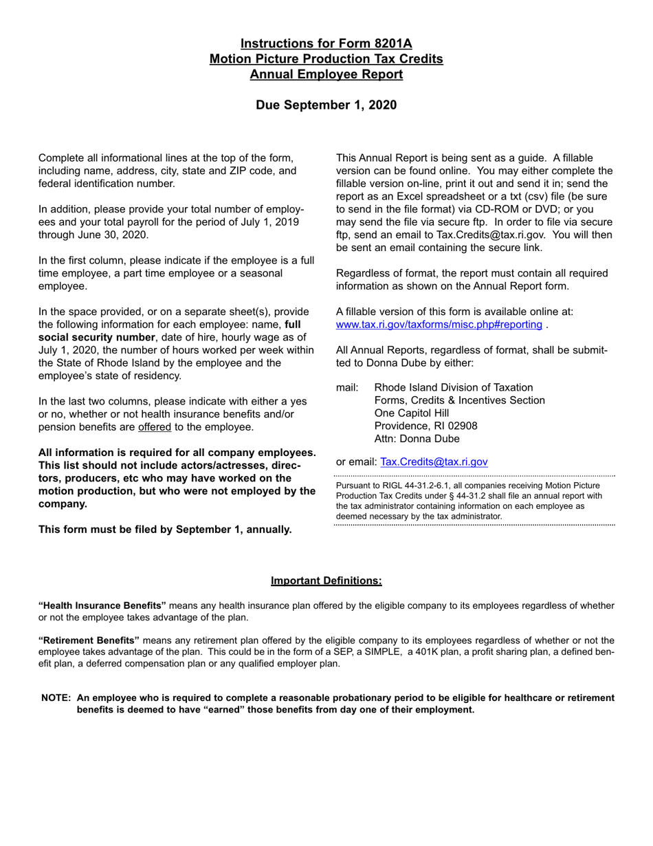 Form 8201A Motion Picture Production Tax Credits - Annual Employee Report - Rhode Island, Page 2