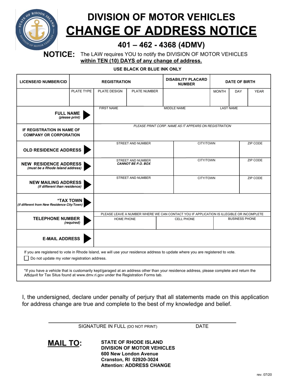 Rhode Island Change of Address Notice - Fill Out, Sign Online and ...