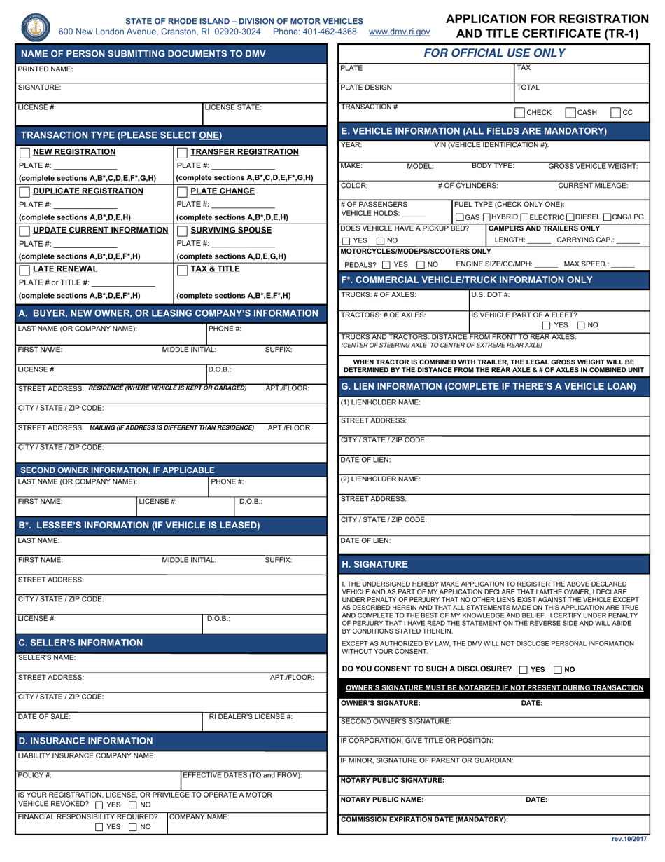 Form TR-1 Application for Registration and Title Certificate - Rhode Island, Page 1