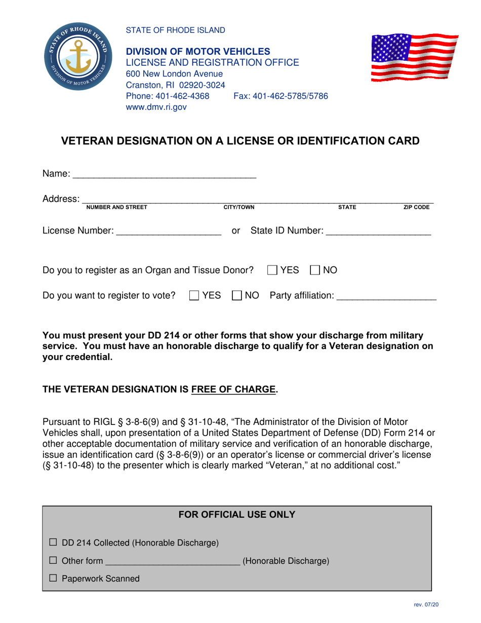 Veteran Designation on a License or Identification Card - Rhode Island, Page 1