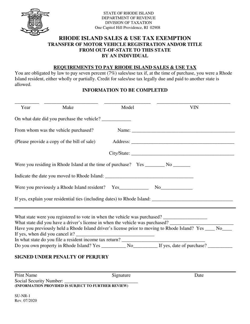 Form SU-NR-1 Rhode Island Sales  Use Tax Exemption Transfer of Motor Vehicle Registration and / or Title From Out-of-State to This State by an Individual - Rhode Island, Page 1