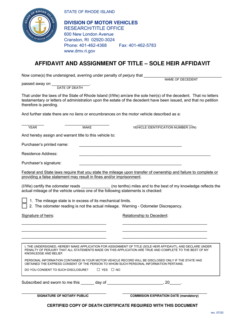 Rhode Island Affidavit and Assignment of Title Sole Heir Affidavit Download Fillable PDF