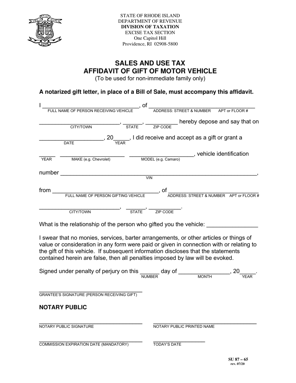 Form SU87-65 Sales and Use Tax Affidavit of Gift of Motor Vehicle - Rhode Island, Page 1