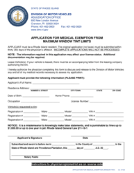 Document preview: Application for Medical Exemption From Maximum Window Tint Limits - Rhode Island